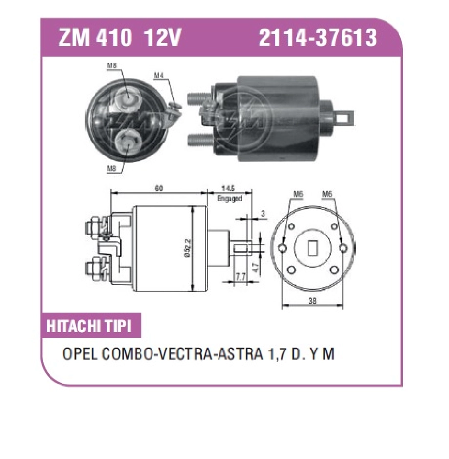 Marş Otom. Hitachi Tip 12V Opel Combo, Corsa, Astra Diesel 1.7 (Eğri Fiş) | OEM ZM-410