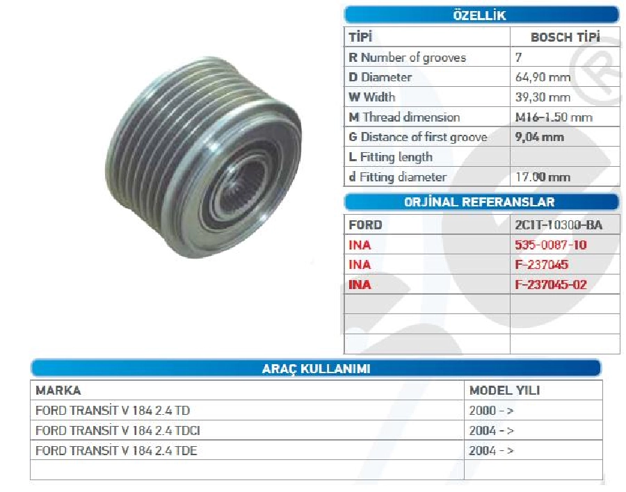 Alternatör Kasnak Bilyalı Kılıtlı Ford Transit V184 2,4 TDCI 00}..ŞARJ Uç Bılya 7 Kanallı (Kısa) Mako Tı | OEM WUT.1102.0033