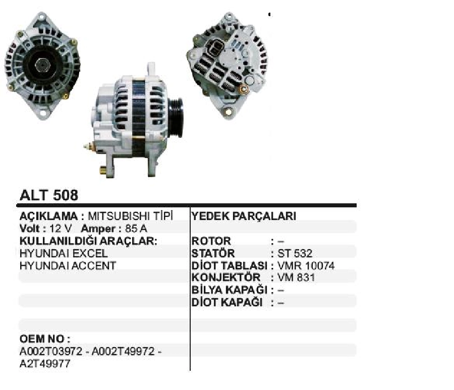Alternatör 12V 85A Mitsubishi Tipi Hyundai Excel, Accent, 4 Kanallı Kasnak | OEM ALT508