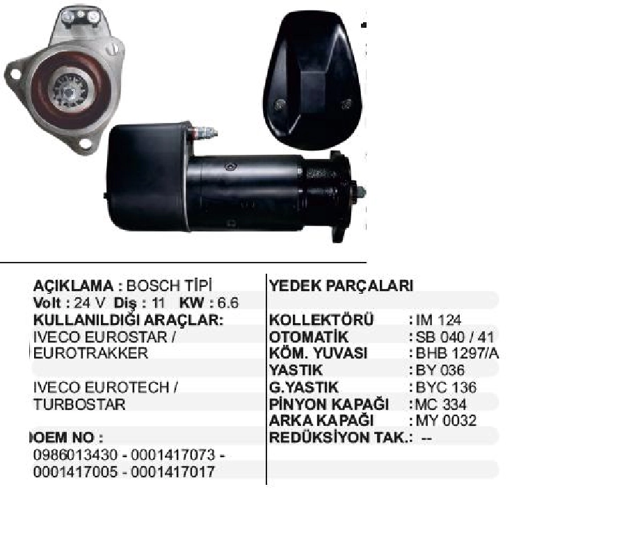 Marş Motoru 24V 11D 6,6 kW Bosch Tip Uzun Alfkb Iveco, Turbostar | OEM STR6007