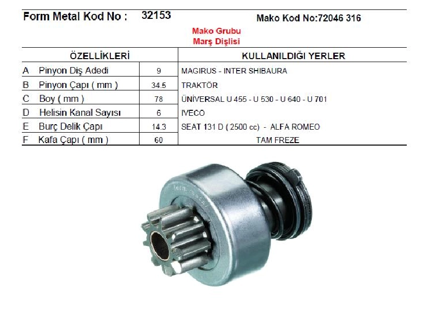 Marş Dişlisi Çatalsız 9D-6K-DAF - Magirus Minibüs, Inter Traktörk Shibaura Üniversal Tip Yeni Model U455 U530 U | OEM 32153