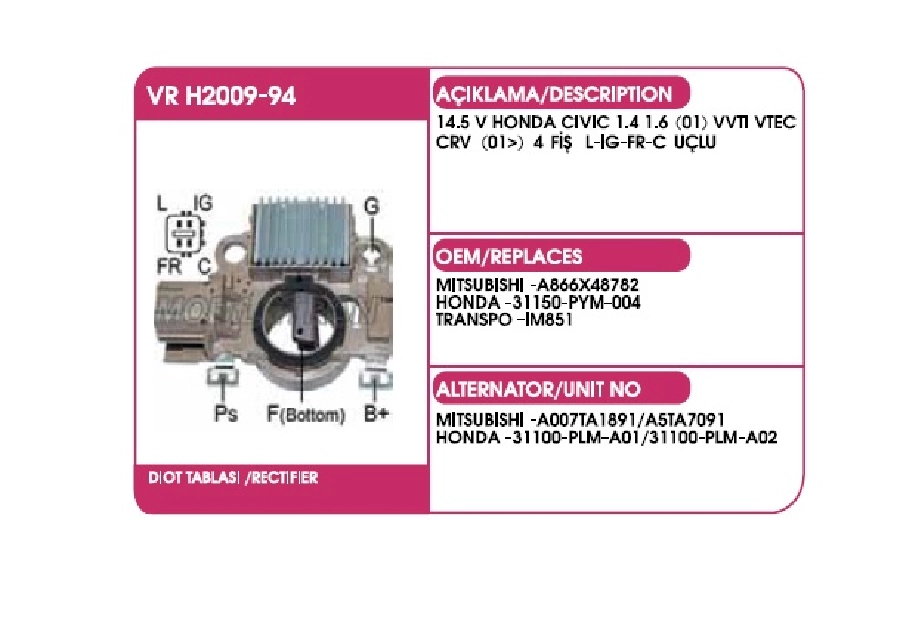 Konjektör Mitsubishi Tip 14.5V Honda Civic 1.4, 1.6 (01), Wtı, Vtec Crv (2001 ve sonrası)(4 Fiş) (L-Ig-Fr-C) | OEM VRH2009-94