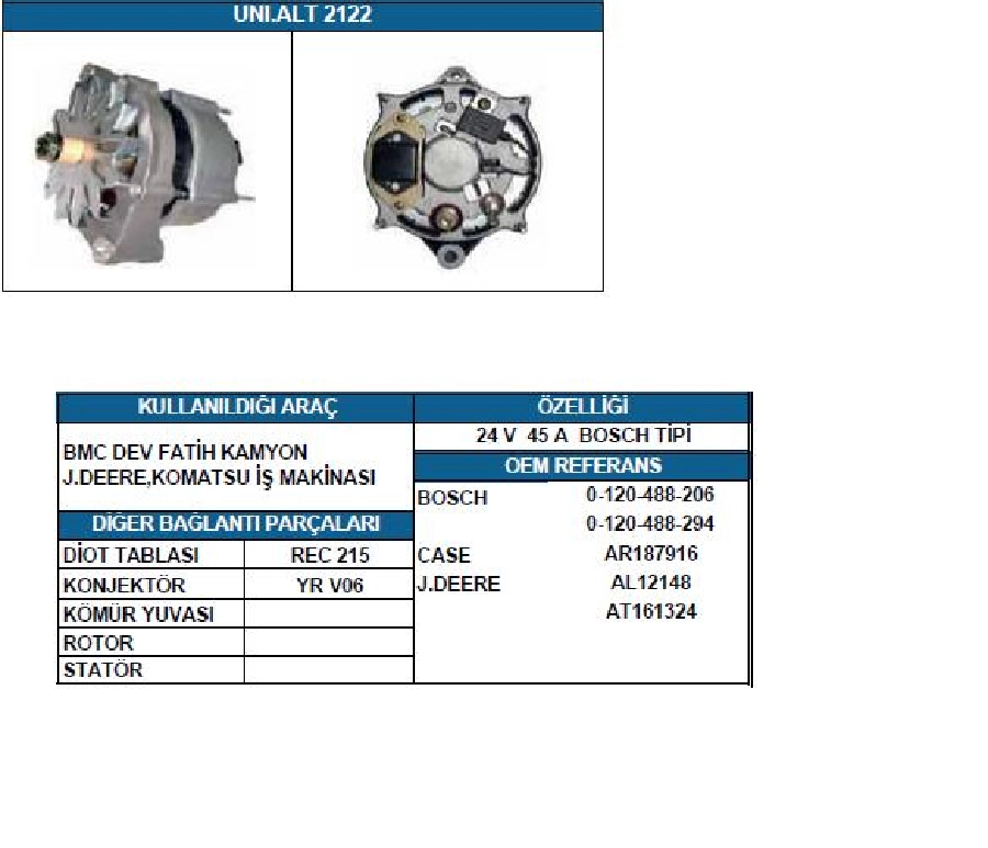Alternatör 24V, 55A Bosch Tipi BMC Dev Fatıh Unipoint ALT2122 Remark ALT345 Kasnaksız | OEM LEA0692