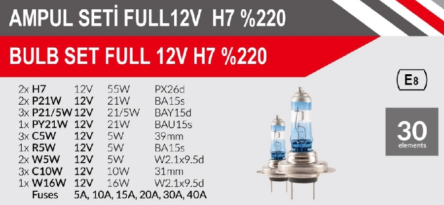 Ampul Seti Full 30 Parça H7 %220 Fazla Işık | OEM AEM101227