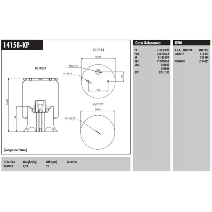 Plastik Piston Komple Schmitz Waweler Ror | CONNECT MD 14158-KP | OEM 016512 160053 2461391 2198329 1270603 1103483 1103345 4158NP03