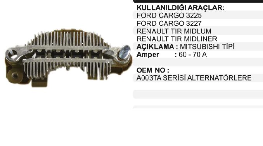 Diyot Tablası Mitsubishi Ford Cargo 3225, 3227 60A 100mm 8 Diyot 8mm Civata | OEM VMR0705
