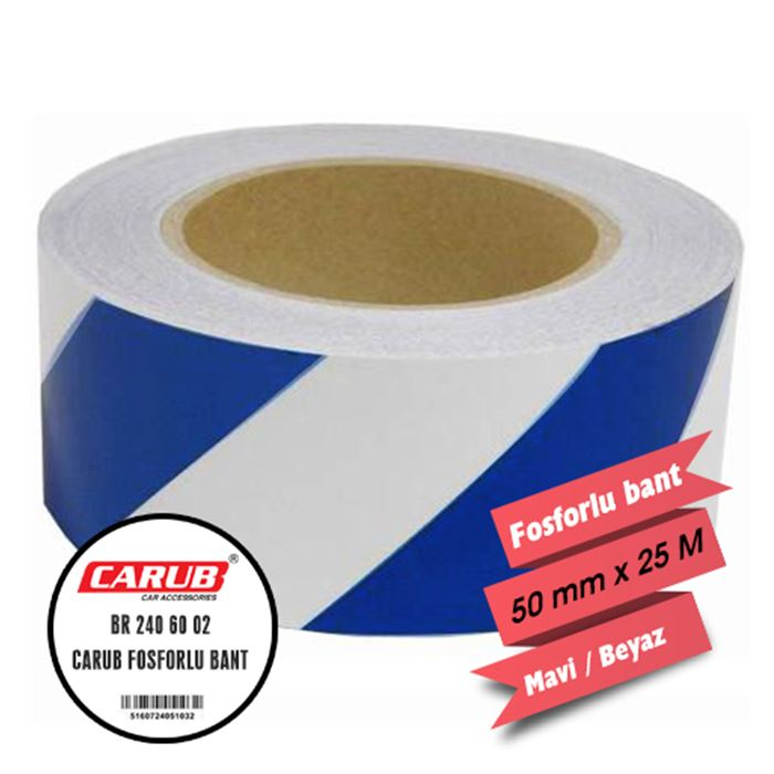 Carub Fosforlu Bant Çapraz Beyaz Mavi 5CM X 25 Mt
