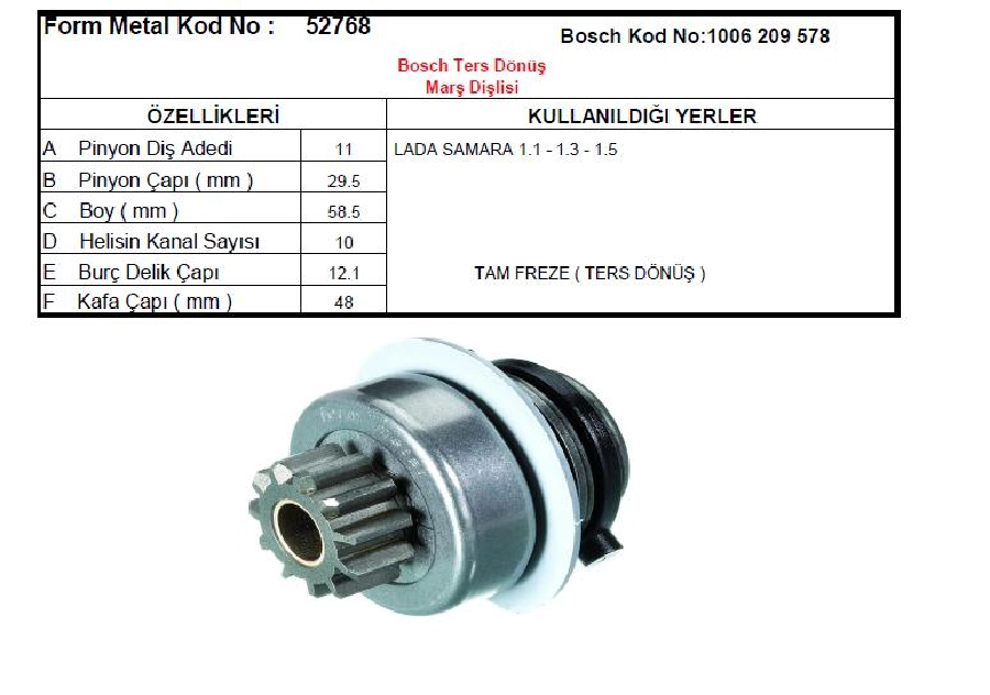 Marş Dişlisi Bosch Tip 11D-10K - Lada Samara CCW Ters Dönüş | OEM 52768