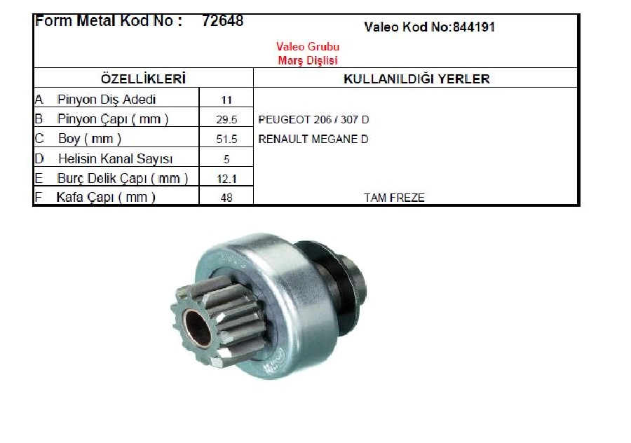 Marş Dişlisi Valeo Tip 11D Pinyon ÇAP:29mm BOY:51mm Kanal SAYISI:10 Burç Delik ÇAP:12mm Kafa ÇAP:47m | OEM 72648