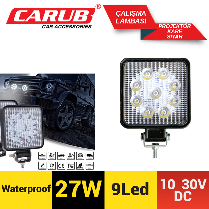 Carub 9 Ledli Çalışma Lambası Kare 10-30V