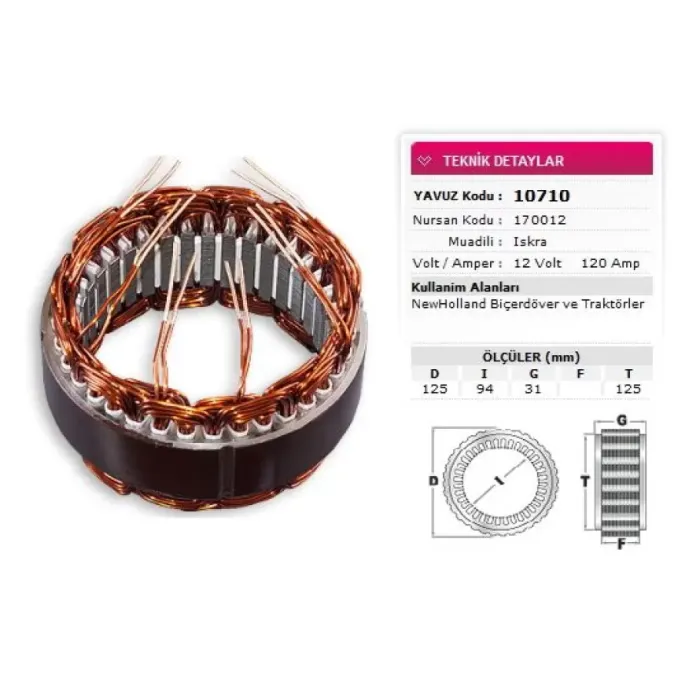 Stator Iskra Tip 12V 120A New Holland Bicer Messey Ferguson 5000 6000 7000 Serileri Nursan 170012 | YAVUZ 10 710 | OEM 10 710
