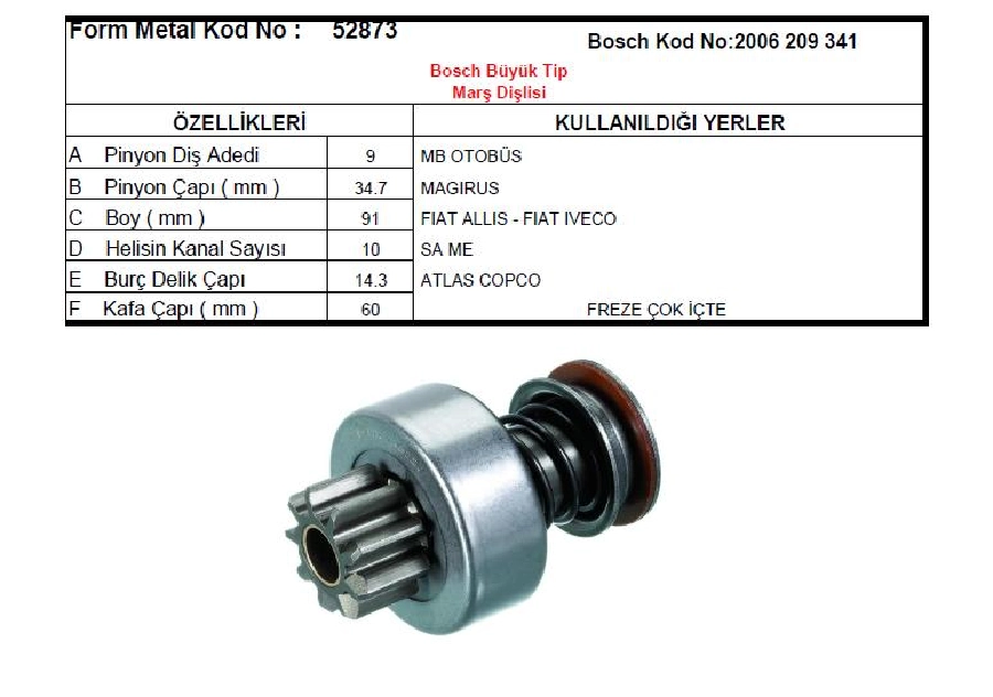 Marş Dişlisi 9D (0301) Bosch Tipi Freze Çok İçte Mercedes 302 Otobüs Eski Model-Fiat | OEM 52873