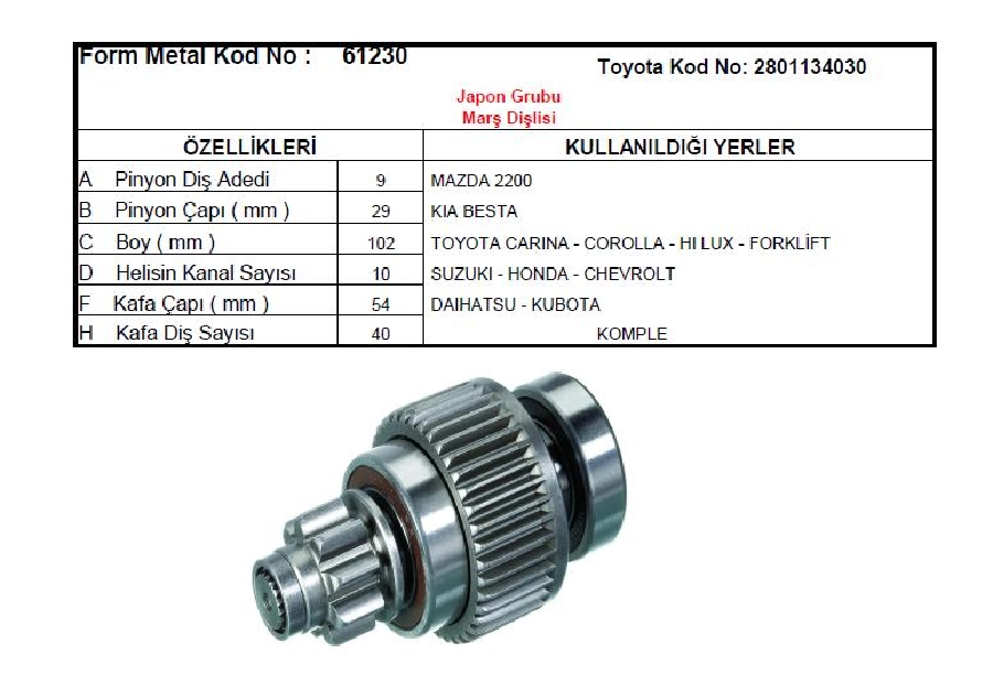 Marş Dişlisi 9D (0947) Denso Tipi Toyota Carina, Celıa, Corolla, Kia Besta, Mazda E220 Hı Lux-Forklift | OEM 61230