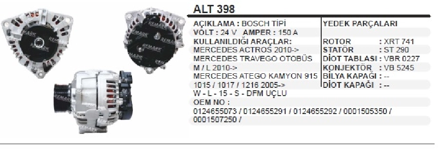 Alternatör 24V 150A Bosch Yeni Model Actros, Travego 2010 ve sonrası | OEM ALT398
