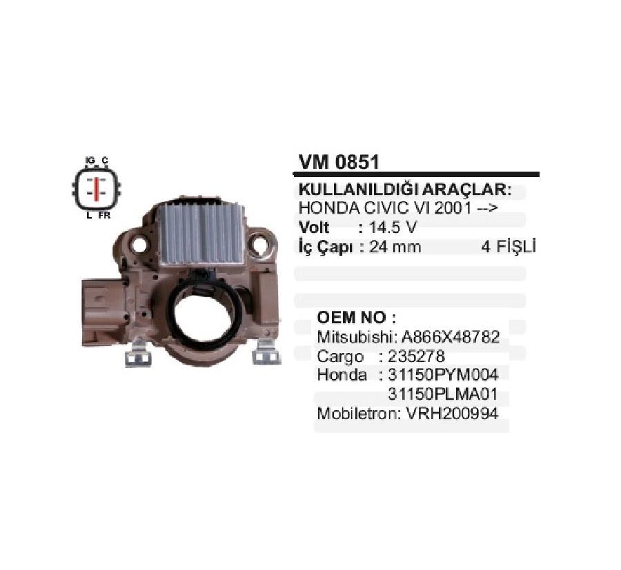 Konjektör Mitsubishi Tip 14.5V Honda Civic 1.4, 1.6 (01), Wtı, Vtec Crv (2001 ve sonrası)(4 Fiş) (L-Ig-Fr-C) | OEM TRS.YR.IM851