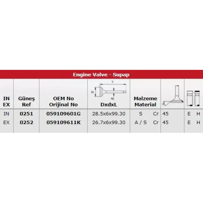 Subap Takimi (In 12 / Ex 12) A4 A6 A8 3,0TDI V6 24V (Bmk Bkn Bng) | GUNES 0251-0252 | OEM 059109601G 059109611K
