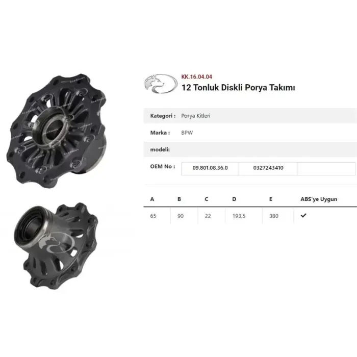 Dingil Poryasi Dorse Rulmanli Kit 12 Tonluk | KURTSAN KK.16.04.04 | OEM 0980108360-0327243410
