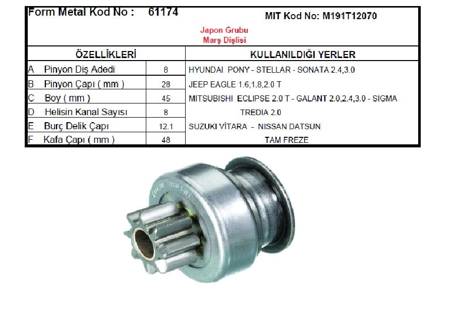 Marş Dişlisi Mitsubishi Tipi 8 Dış Mitsubishi Galant, Suzuki Vıtara, Hyund Elentra-Sonata, Jeep Eagle | OEM SDR6021