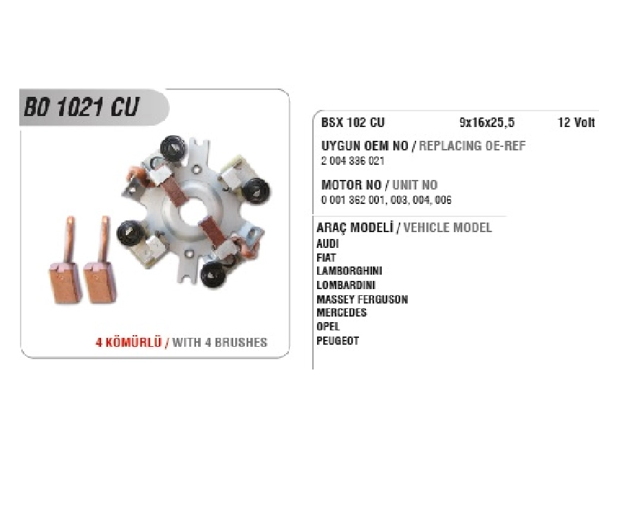 Marş Kömür Yuvası Bsx 102 Cu (Uygun Kömür:BSX102CU) | OEM BO1021CU