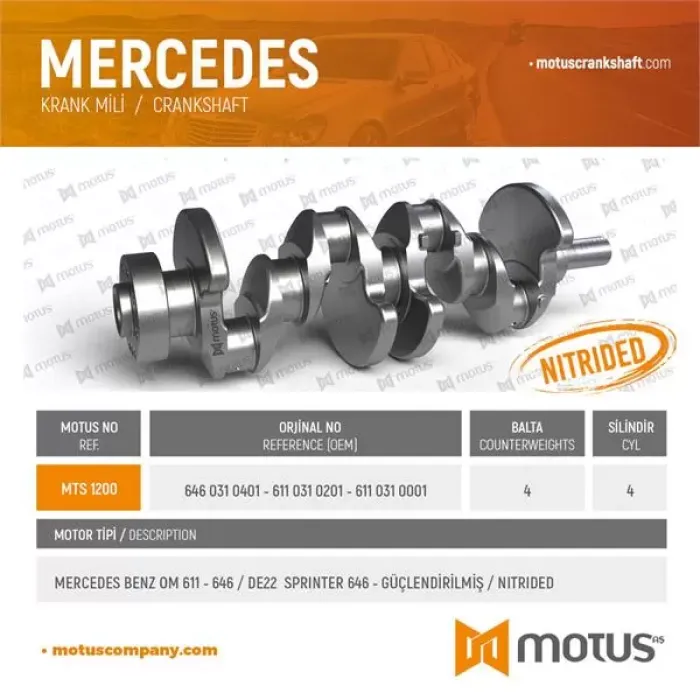 Krank Mili (OM611, OM646, DE22, Euro 3, Euro 4, Dovme Celik) W202 97>00 W203 00>03 W210 98>02 W211 02>08 Vito 638 97>03 Vito W639 03> Sprinter 00>09 | MOTUS 1200 | OEM A6460310401
