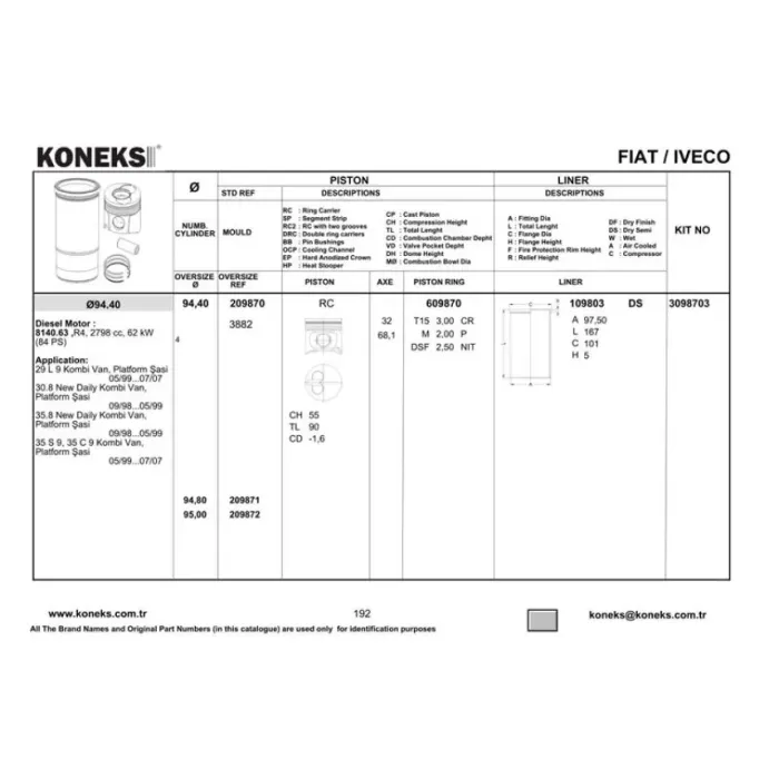 Piston+Segman Ducato (2.8 D) - 30.8 New Daily - 35.8 New Daily 94,4MM 0,4FARKLI | KONEKS 209871 | OEM YENMAK 3693-040