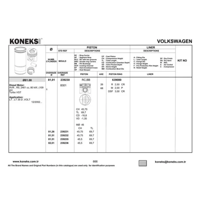 Piston+Segman (81,01MM Std) LT28 LT35 LT46 (2,5 109 Ps 5 Silindir) Avr Bbr | KONEKS 239230 | OEM 074107065R