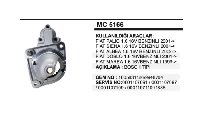 Marş Ön Kap. - Bosch Palio, Siena, Albea, Doblo 1,6 P Kap | OEM MC5166