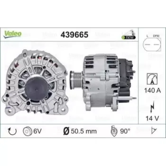 Alternator 12V 140A T5 2,0TDI Golf VI 2,0TDI Passat 2,0 FSI TDI / Jetta III IV 2,0FSI / TDI / Caddy III Cr | VALEO 439665 | OEM 03C903025D