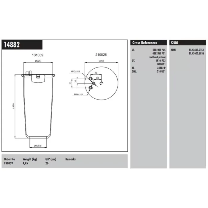 Dingil Korugu (Pistonsuz) - MAN TGA 00> - Tgm 05> - TGX-TGS 06> | CONNECT MD 14882 | OEM 130059 81436016065 4882N1P01 4882N1P05