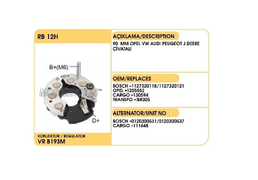 Diyot Tablası Bosch Tip 90mm Ibr 305 - Opel, VW, Audi, Peugeot, J Deere (Civatalı) | OEM RB12H