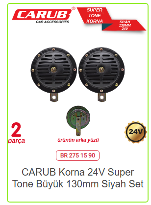 Carub Korna 24 Volt Super Tone Büyük 130MM Siyah Set