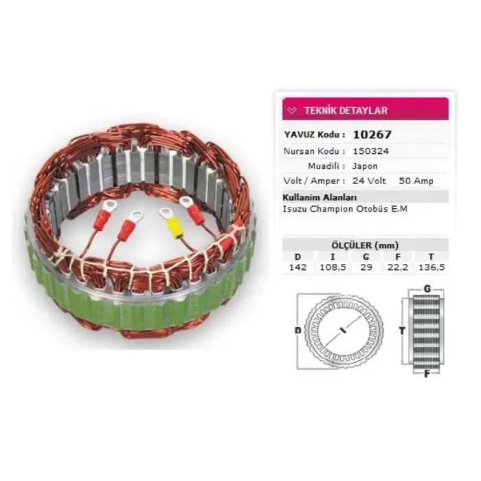 Alternator Stator Mitsubishi Tip 24V 50A Isuzu Champion Otobüs E.M Nursan 150324 | YAVUZ 10 267 | OEM L250G5200 LR250508B LR250510