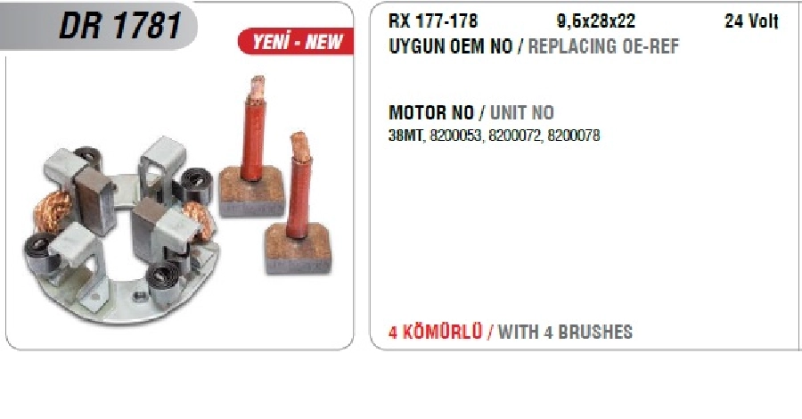 Marş Kömür Yuvası 24V 38MT, Cargo, Daewoo DE12TIS, 340 Lc-V Kazıcı, Paletli Delici, Doosan 340 Lc-V) | OEM DR1781