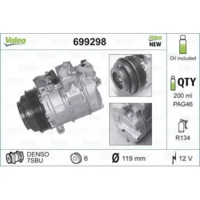 Klima Kompresoru W202 93>00 S202 96>01 C208 97>02 W210 95>00 Vito 638 97>03 Sprinter 95>00 | VALEO 699298 | OEM A0002306811