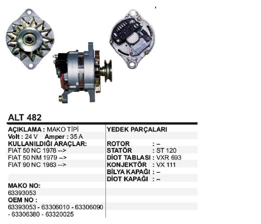 Alternatör 24V 35A Mako Tipi 50NC, 50NM, 90NC | OEM ALT482