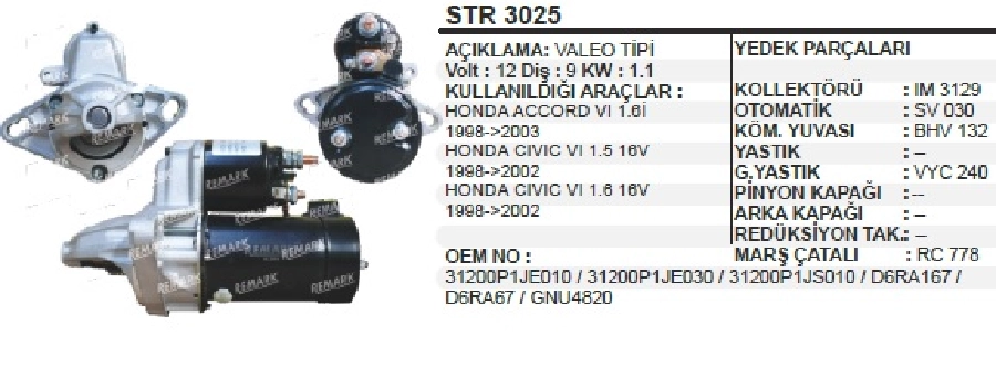 Marş Motor D6R Honda Civic, Accord 1995-2004 | OEM STR3025