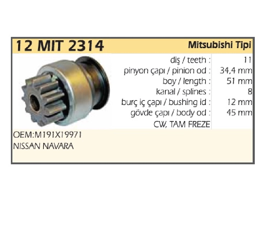 Mars Dişlisi 11 Diş K Kafa Mitsubishi Tipi Nissan Navara Renault MASTER3, Traffıc | OEM 12MIT1764