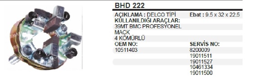 Marş Kömür Yuvası Delco Tipi 24V Cummıns Motorlu İş Mak. BMC Pro 39MT RX180, 181 Fatih Kamyon 822-827 9 | OEM BHD222