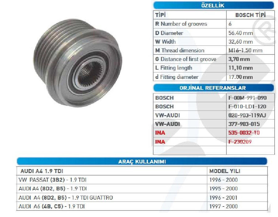 Alternatör Kasnak Bilyalı - Audi A4 1,9TDİ - Vwagen Passat 1,9TDI 1997 -2000 6 Kanal Wut 110 KSN91268 | OEM WUT.1102.0111