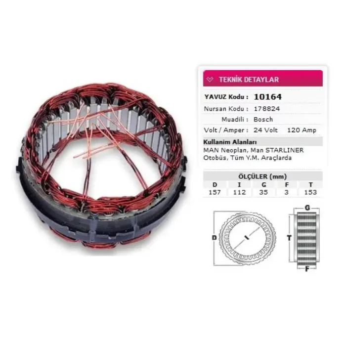 Alternator Stator Bosch Tip 24V 120A MAN TGA TGX TGS Neoplan Starliner Starlis Otobüs Arocs Otokar Y.M. Tum Araclarda (Nursan 178824) | YAVUZ 10 164 | OEM 0124655003-0124655617 FOOM