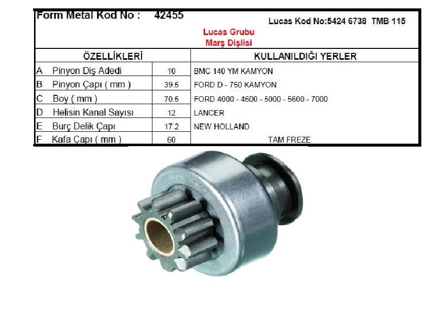 Marş Dişlisi 10D Lucas Tipi İnce Frz. - D750, BMC Dik Freze TMB115 Ford | OEM 42455