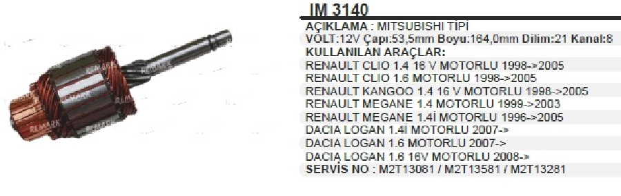 Marş Kollektörü Mitsubishi Tipi Im 3140 12V Renault Clio 1.4, 1.6, Kango 1.4, 1.6 Megane 1.4, 1.7, Dacia 1.4 | OEM IM3140
