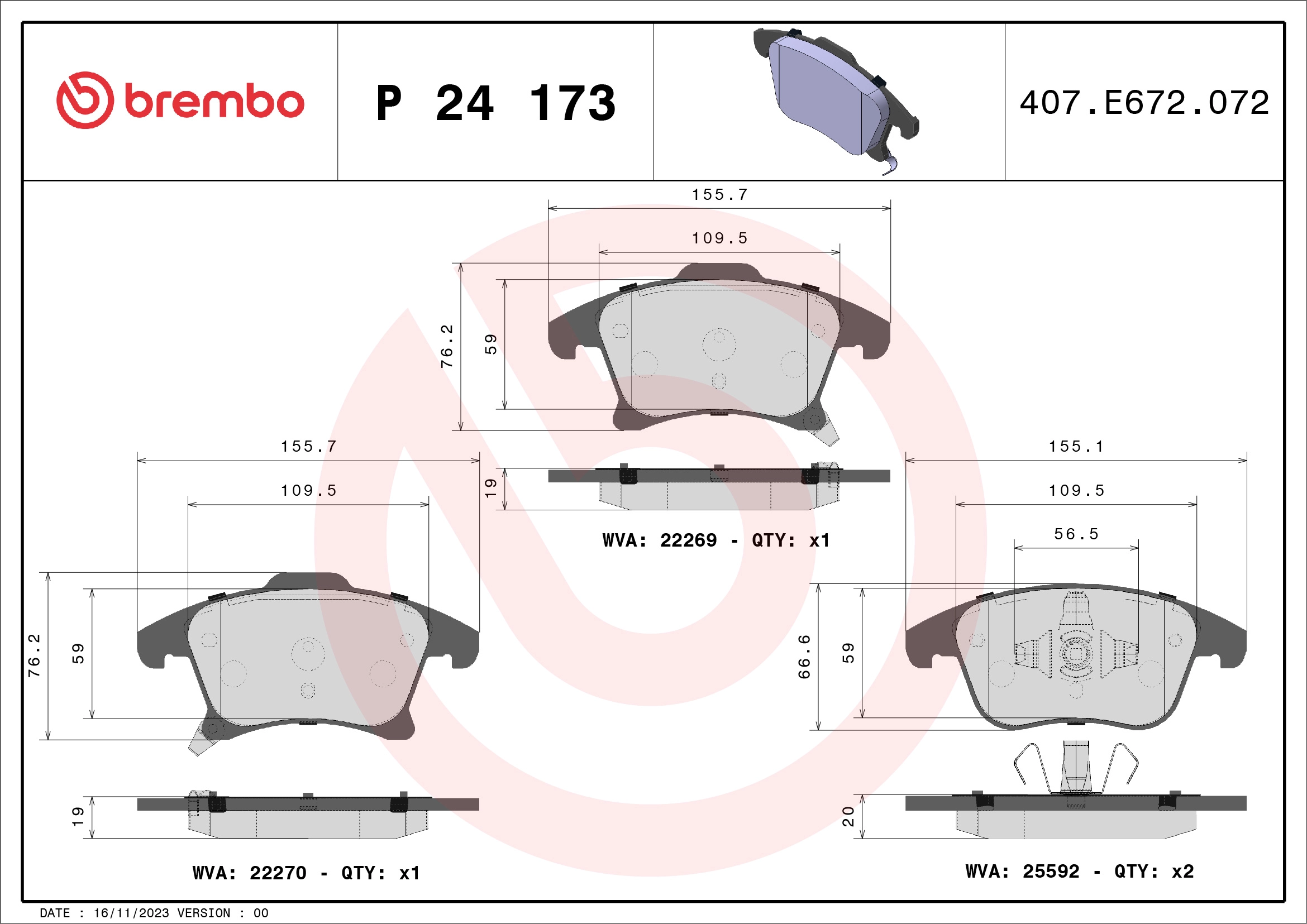On Fren Balatasi Galaxy S Max 15 /> Mondeo IV 14 /> 16 Jant 1,5 2,0 Eco Boost / 2,0TDCI | BREMBO P24173 | OEM DG9C 2K021 EE 2014119 2K021 2014119