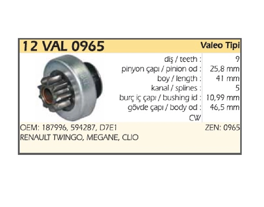 Marş Dişlisi Valeo Tipi 9 Dış Renault Kango 1.6-Clio-Twıngo, Ford Fiesta, Peugeot (965) | OEM 12VAL0965