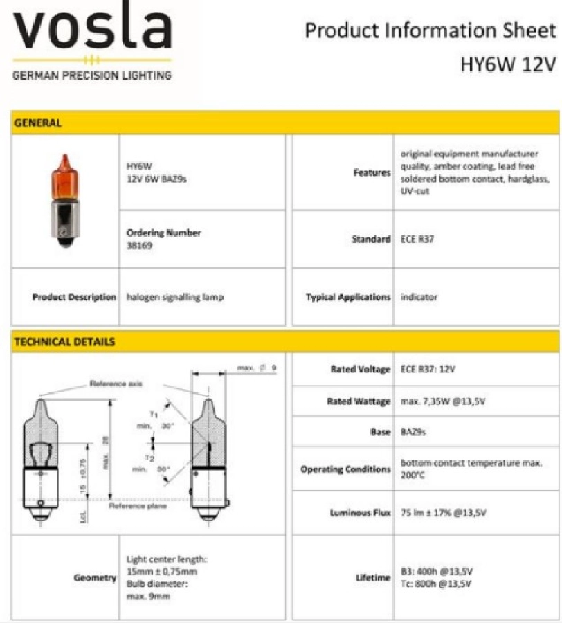 Ampul 12V H6 6W Amber Turuncu HY6W | OEM VS38169