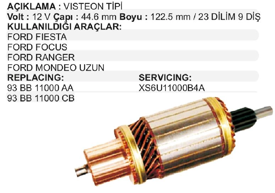 Marş Kollektörü Motograf Tip 12V Ford Fiesta Connect Focus Ranger Mondeo C-Max 23 Dilim 9 Diş Çap 44,5mm | OEM IM3121
