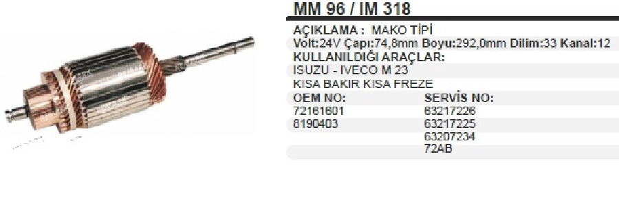 Marş Kollektörü Kb-Kf 24V - 35NC-50NC, Isuzu M23 Yeni Model ( Kısa Freze ) BOY:292 CAP:74.8 Dış: Dilim:33 | OEM IM318