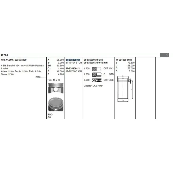 Motor Piston Segman Punto Palio Albea Doblo 1,2 8V (Std) | GOETZE 8770704STD00BG | OEM 55210390 55210390 5893650 5893650