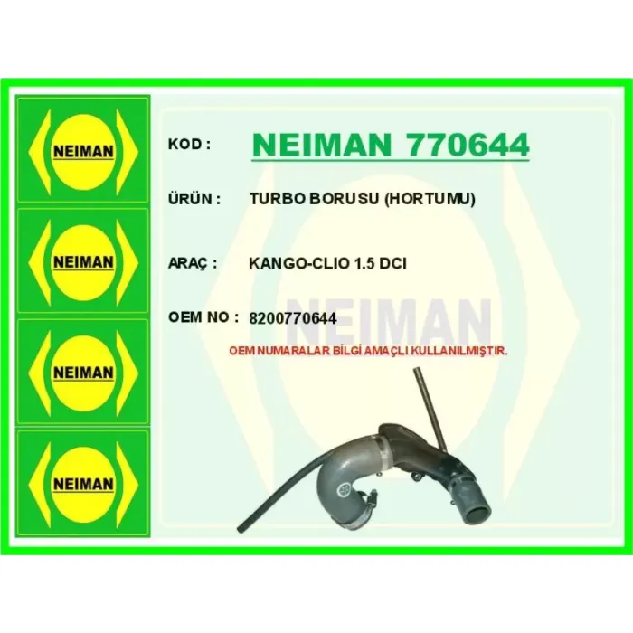 Turbo Borusu (Hortumu) Renault Kango-Clio 1.5 Dci | NEIMAN 770644 | OEM 8200770644