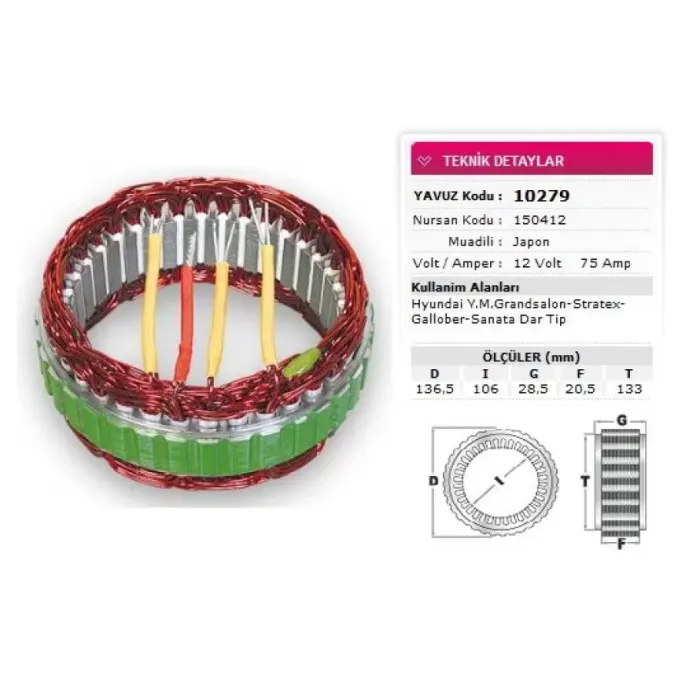 Stator Mitsubishi Tip 12V 75A Hyundai Ymgrandsalon Stratex Gallober Sanata Dar Tip Nursan 150412 | YAVUZ 10 279